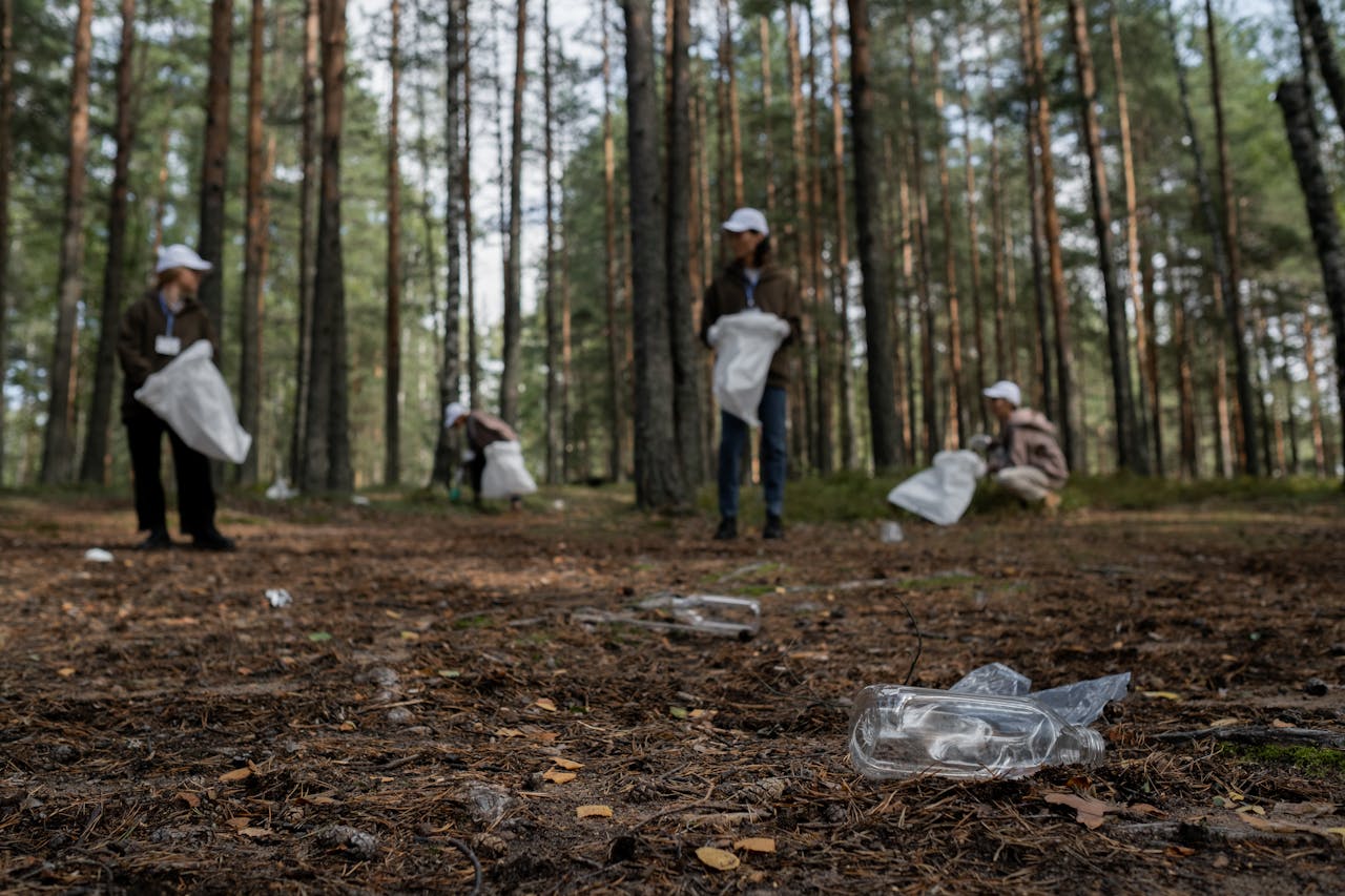 Volunteers picking up trash in a forest to promote environmental awareness and care.